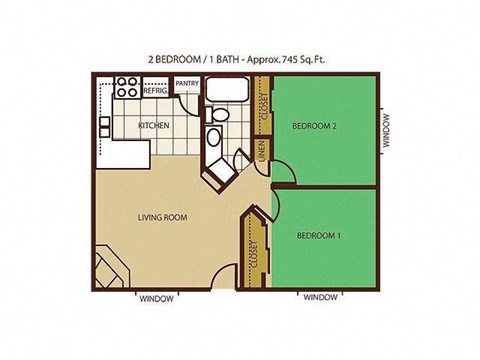 2 Bed Floor Plan at Mountain View Villa Apartments, Arizona, 86326